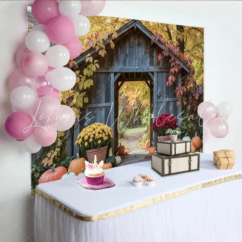 Lofaris Rustic Wooden Archway Fall Pumpkin Holiday Backdrop Colorful Autumn Leaves and Mums Photography Background