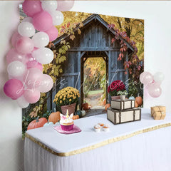 Lofaris Rustic Wooden Archway Fall Pumpkin Holiday Backdrop Colorful Autumn Leaves and Mums Photography Background