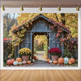 Lofaris Rustic Wooden Archway Fall Pumpkin Holiday Backdrop Colorful Autumn Leaves and Mums Photography Background