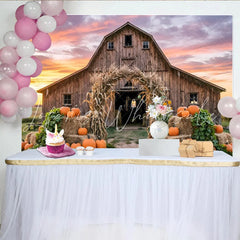 Lofaris Rustic Wooden Barn Autumn Harvest Backdrop with Pumpkins and Corn Stalk Arch Vibrant Sunset Background for Fall Party Decor
