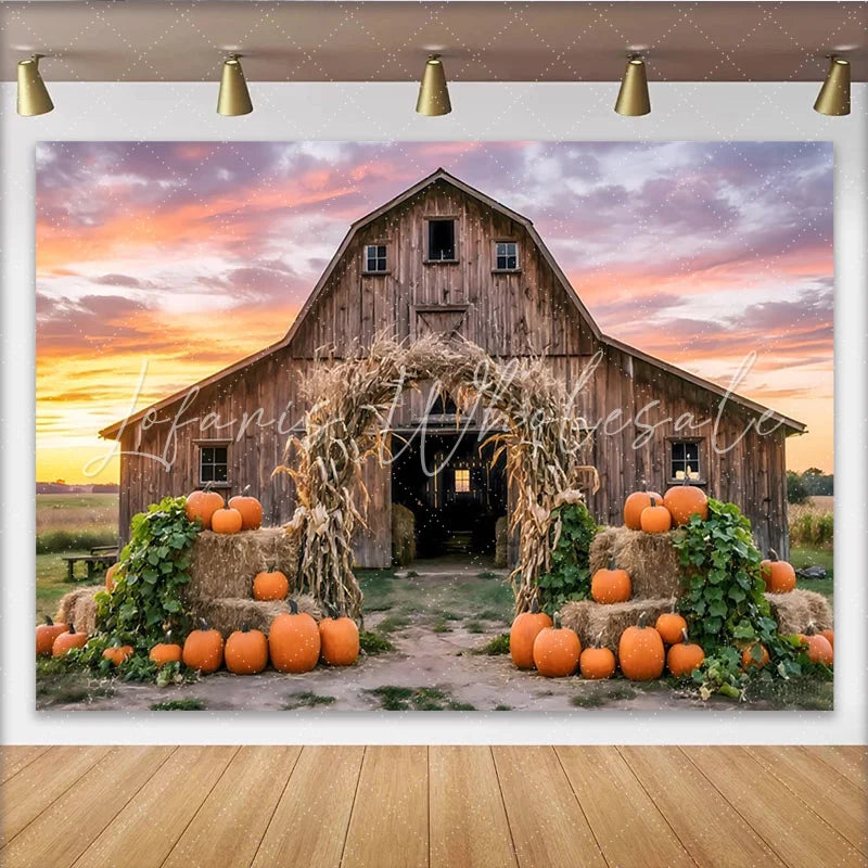 Lofaris Rustic Wooden Barn Autumn Harvest Backdrop with Pumpkins and Corn Stalk Arch Vibrant Sunset Background for Fall Party Decor