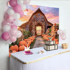 Lofaris Rustic Wooden Barn Autumn Harvest Backdrop with Pumpkins and Hay Bales Sunset Farm Photography Background for Fall Decor