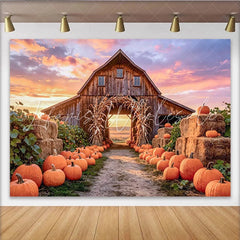 Lofaris Rustic Wooden Barn Autumn Harvest Backdrop with Pumpkins and Hay Bales Sunset Farm Photography Background for Fall Decor
