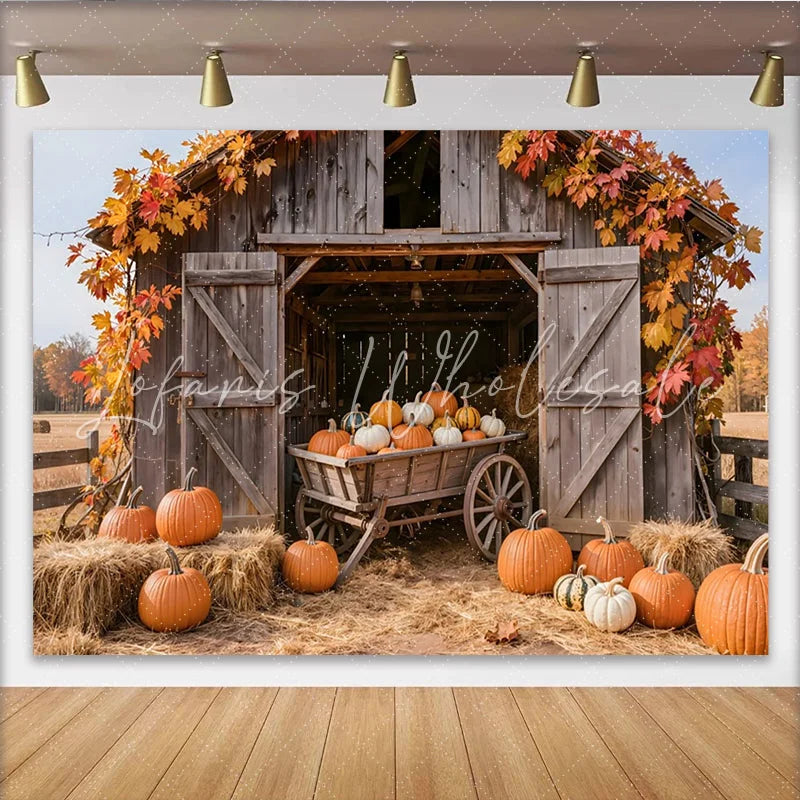 Lofaris Rustic Wooden Barn Autumn Harvest Holiday Backdrop with Pumpkins and Hay Bales Farmhouse Photography Background for Fall Decor