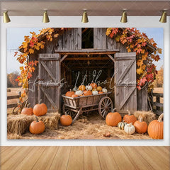 Lofaris Rustic Wooden Barn Autumn Harvest Holiday Backdrop with Pumpkins and Hay Bales Farmhouse Photography Background for Fall Decor