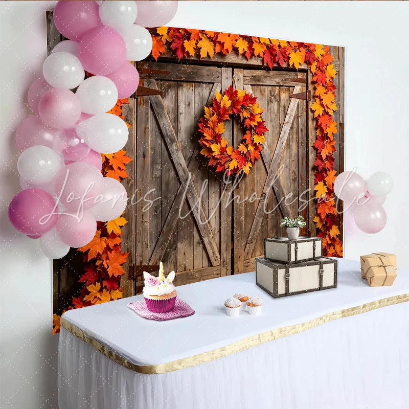 Lofaris Rustic Wooden Barn Door Autumn Backdrop with Maple Leaves Fall Photography Background for Studio Photoshoot