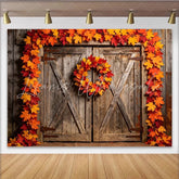 Lofaris Rustic Wooden Barn Door Autumn Backdrop with Maple Leaves Fall Photography Background for Studio Photoshoot
