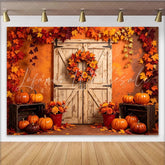 Lofaris Rustic Wooden Barn Door Autumn Backdrop with Pumpkins and Fall Leaves Vibrant Harvest Season Thanksgiving Party Decor