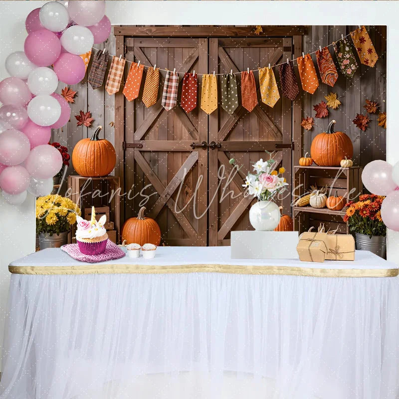 Lofaris Rustic Wooden Barn Door Autumn Backdrop with Pumpkins Fall Leaves and Garland Harvest Photography Background for Thanksgiving Decor