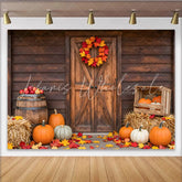 Lofaris Rustic Wooden Barn Door Autumn Harvest Backdrop with Pumpkins Cozy Farmhouse Fall Photography Background for Thanksgiving Party