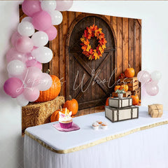 Lofaris Rustic Wooden Barn Door Autumn Harvest Backdrop with Pumpkins Fall Leaves and Wreath Photography Background for Seasonal Decor.