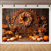 Lofaris Rustic Wooden Barn Door Autumn Harvest Holiday Backdrop with Pumpkins and Fall Leaves Seasonal Photography Background