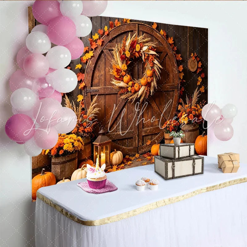 Lofaris Rustic Wooden Barn Door Autumn Harvest Holiday Backdrop with Pumpkins and Fall Leaves Seasonal Photography Background