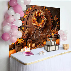 Lofaris Rustic Wooden Barn Door Autumn Harvest Holiday Backdrop with Pumpkins and Fall Leaves Seasonal Photography Background
