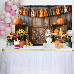 Lofaris Rustic Wooden Barn Door Autumn Harvest Photography Backdrop with Pumpkins and Fall Leaves Thanksgiving Seasonal Decor