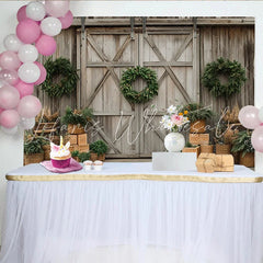 Lofaris Rustic Wooden Barn Door Christmas Backdrop with Green Wreaths Elegant Winter Holiday Background for Studio Photography