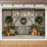 Lofaris Rustic Wooden Barn Door Christmas Backdrop with Green Wreaths Elegant Winter Holiday Background for Studio Photography