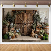 Lofaris Rustic Wooden Barn Door Easter Photography Backdrop with Greenery and Eggs Charming Spring Studio Background for Holiday Photoshoot