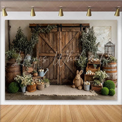 Lofaris Rustic Wooden Barn Door Easter Photography Backdrop with Greenery and Eggs Charming Spring Studio Background for Holiday Photoshoot