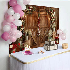 Lofaris Rustic Wooden Barn Door Party Backdrop Elegant Red and White Rose Floral Arch Wedding Photography.