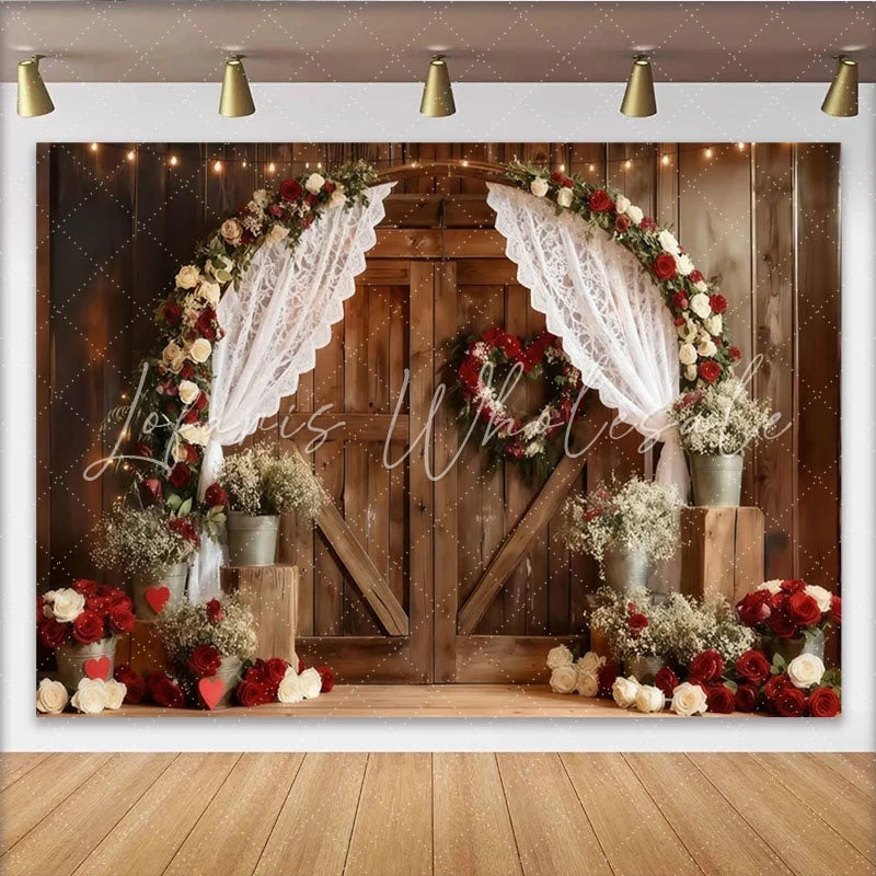 Lofaris Rustic Wooden Barn Door Party Backdrop Red and White Roses Floral Arch with Lace Curtains Wedding Anniversary Decor
