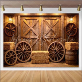 Lofaris Rustic Wooden Barn Door Photography Backdrop with Wagon Wheels Farmhouse Studio Background for Western Portrait