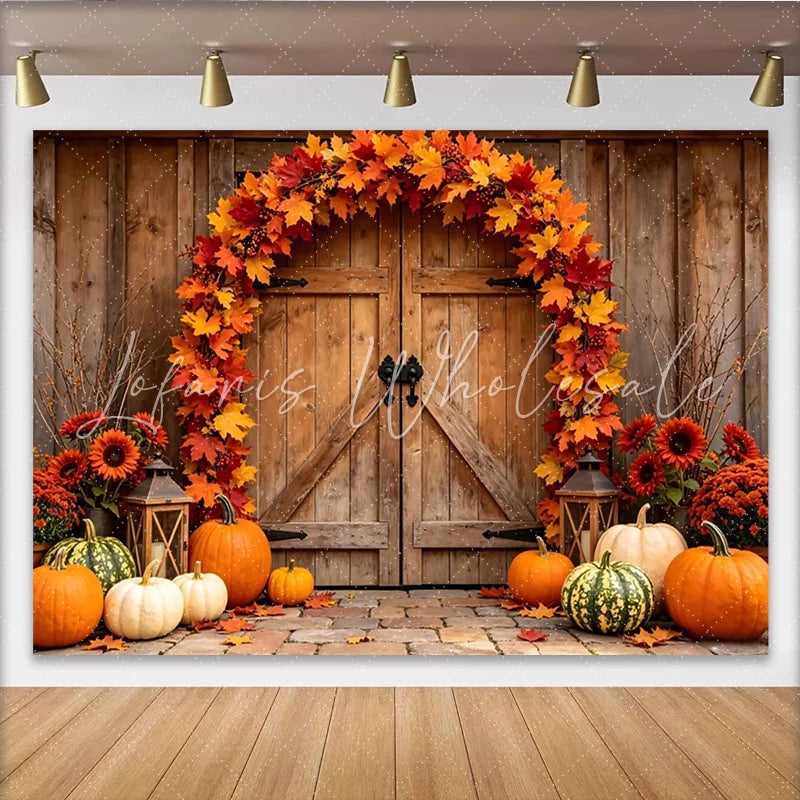 Lofaris Rustic Wooden Barn Door Thanksgiving Backdrop with Autumn Leaves and Pumpkins Harvest Fall for Seasonal Photoshoot