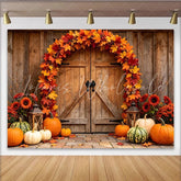 Lofaris Rustic Wooden Barn Door Thanksgiving Backdrop with Autumn Leaves and Pumpkins Harvest Fall for Seasonal Photoshoot