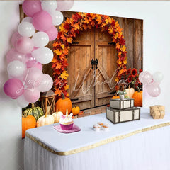 Lofaris Rustic Wooden Barn Door Thanksgiving Backdrop with Autumn Leaves and Pumpkins Harvest Fall for Seasonal Photoshoot
