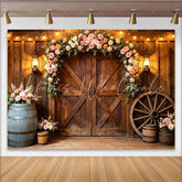 Lofaris Rustic Wooden Barn Door Wedding Backdrop with Floral Arch Elegant Photography Background for Bridal Shower or Party Decor