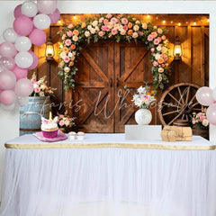 Lofaris Rustic Wooden Barn Door Wedding Backdrop with Floral Arch Elegant Photography Background for Bridal Shower or Party Decor