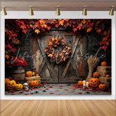 Lofaris Rustic Wooden Barn Halloween Backdrop with Carved Pumpkins and Autumn Leaves Spooky Fall Photography Background for Party Decor