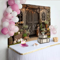 Lofaris Rustic Wooden Barn Photography Backdrop with Arched Windows and String Lights Farmhouse Style Background for Spring