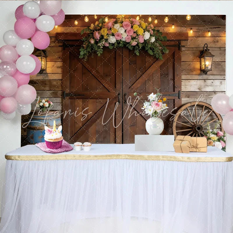 Lofaris Rustic Wooden Barn Photography Backdrop with Floral Arch and String Lights Charming Farmhouse Background for Event Photoshoot