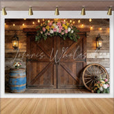 Lofaris Rustic Wooden Barn Photography Backdrop with Floral Arch and String Lights Charming Farmhouse Background for Event Photoshoot