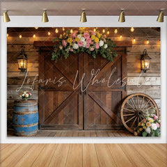 Lofaris Rustic Wooden Barn Photography Backdrop with Floral Arch and String Lights Charming Farmhouse Background for Event Photoshoot