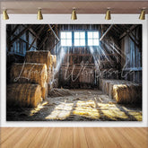 Lofaris Rustic Wooden Barn Photography Backdrop with Hay Bales and Sunlight Vintage Farmhouse Background for Studio Portrait and Event Decor