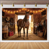 Lofaris Rustic Wooden Barn Photography Backdrop with Horse and String Lights Cowboy Theme Background for Studio Portraits