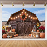 Lofaris Rustic Wooden Barn Thanksgiving Backdrop with Fall Pumpkins and String Lights Autumn Harvest Photo for Family Gatherings Party Decor