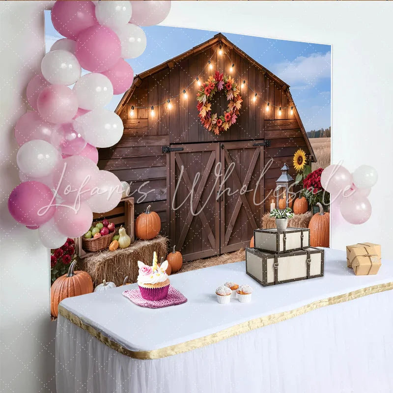 Lofaris Rustic Wooden Barn Thanksgiving Backdrop with Fall Pumpkins and String Lights Autumn Harvest Photo for Family Gatherings Party Decor