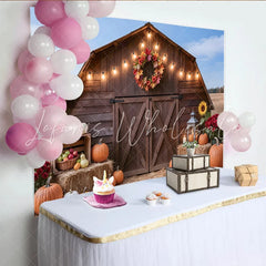 Lofaris Rustic Wooden Barn Thanksgiving Backdrop with Fall Pumpkins and String Lights Autumn Harvest Photo for Family Gatherings Party Decor