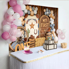 Lofaris Rustic Wooden Barn Western 1st Birthday Backdrop with Balloons and Wagon Wheel My First Cowboy Photo Background for Party Decor