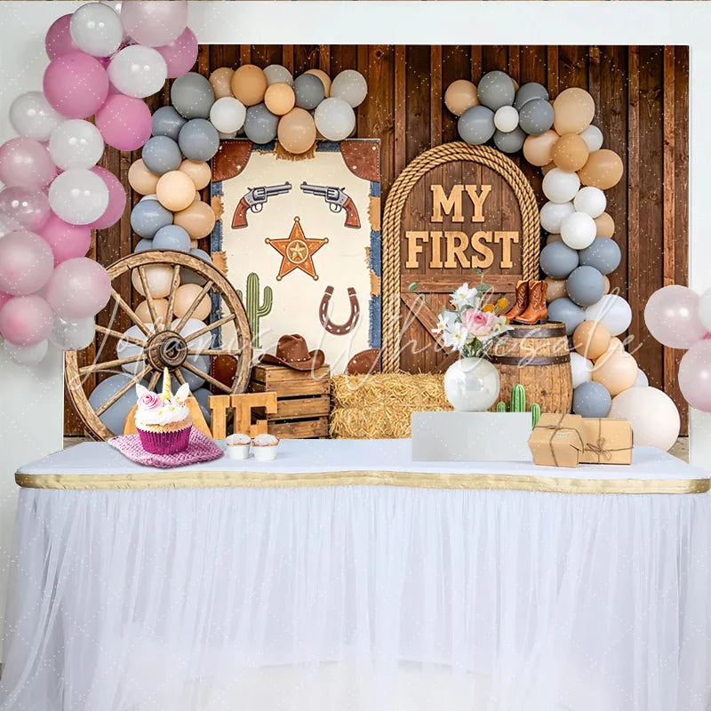 Lofaris Rustic Wooden Barn Western 1st Birthday Backdrop with Balloons and Wagon Wheel My First Cowboy Photo Background for Party Decor
