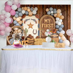 Lofaris Rustic Wooden Barn Western 1st Birthday Backdrop with Balloons and Wagon Wheel My First Cowboy Photo Background for Party Decor