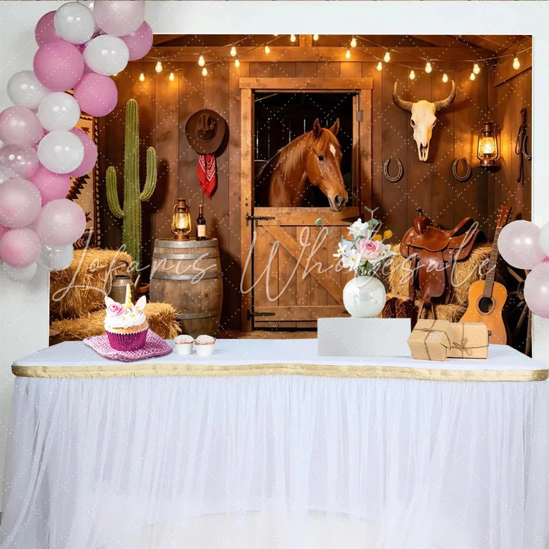 Lofaris Rustic Wooden Barn Western Photography Backdrop with Horse and Hay Bales Cowboy Theme Background for Studio Photoshoot and Party