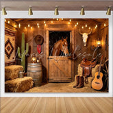 Lofaris Rustic Wooden Barn Western Photography Backdrop with Horse and Hay Bales Cowboy Theme Background for Studio Photoshoot and Party