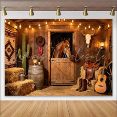 Lofaris Rustic Wooden Barn Western Photography Backdrop with Horse and Hay Bales Cowboy Theme Background for Studio Photoshoot and Party