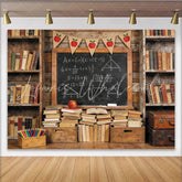 Lofaris Rustic Wooden Bookshelf School Library Photography Backdrop with Blackboard and Apple Vintage Classroom Decor for Back to School