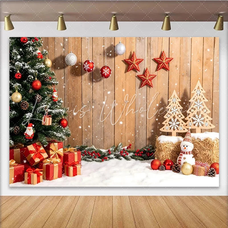 Lofaris Rustic Wooden Christmas Backdrop with Snowman and Gifts Festive Holiday Photography Background for Winter Celebrations.