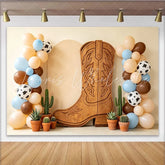 Lofaris Rustic Wooden Cowboy Boot Western Baby Shower Backdrop Cow Print Balloons and Cacti Photography Background
